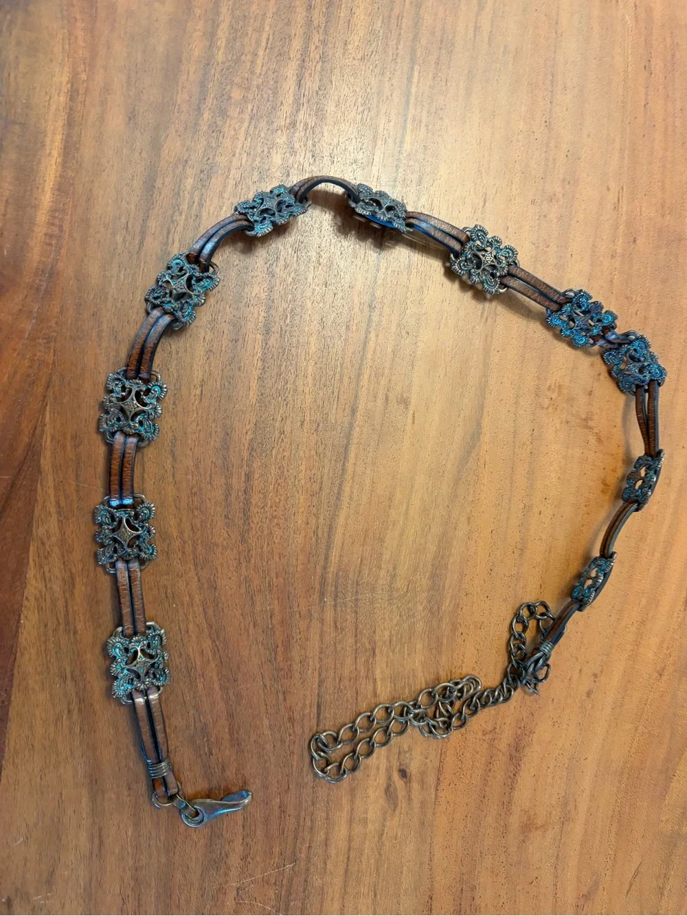 Turquoise-Patina Floral Link Belt - metal and leather adjustable southwest